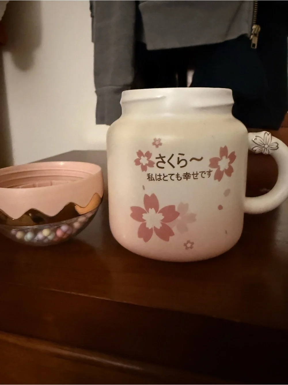 Sakura Pink Ceramic Coffee Mug with Decorative Dome Lid